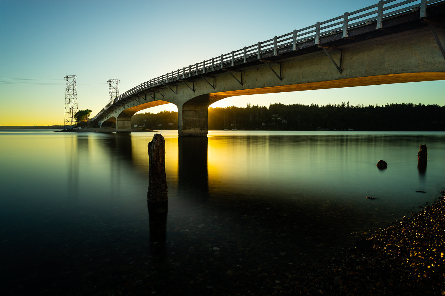A 2014 photo of the Purdy Bridge at sunset.